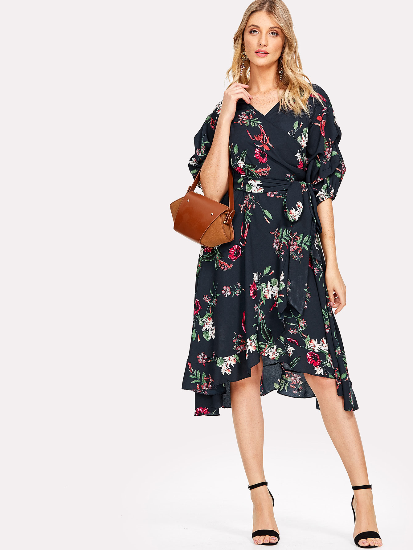 Gathered Sleeve Surplice Wrap Botanical Dress gathered sleeve surplice wrap crop top