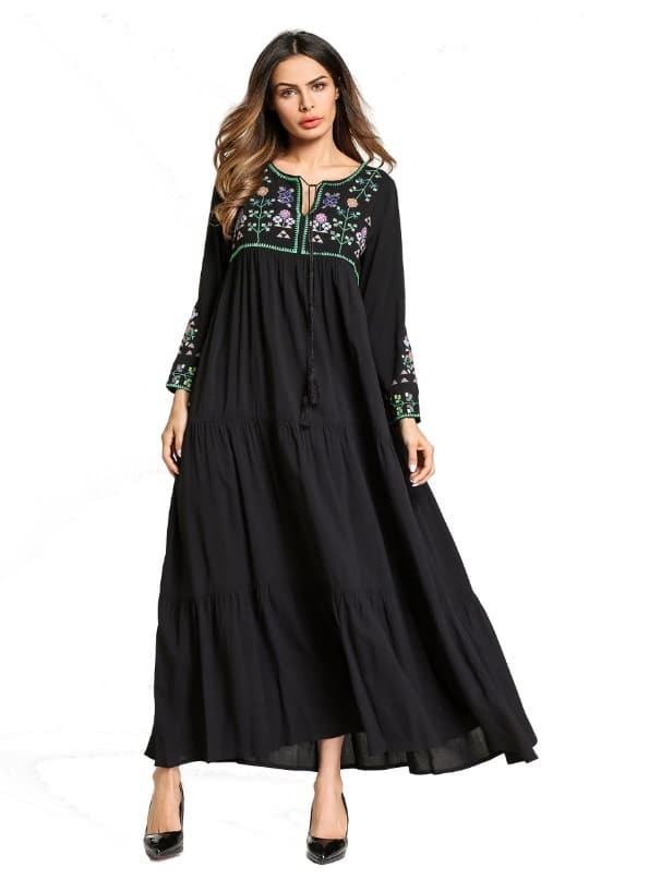 Tie Neck Floral Embroidered Longline Dress v neck floral embroidered midi dress