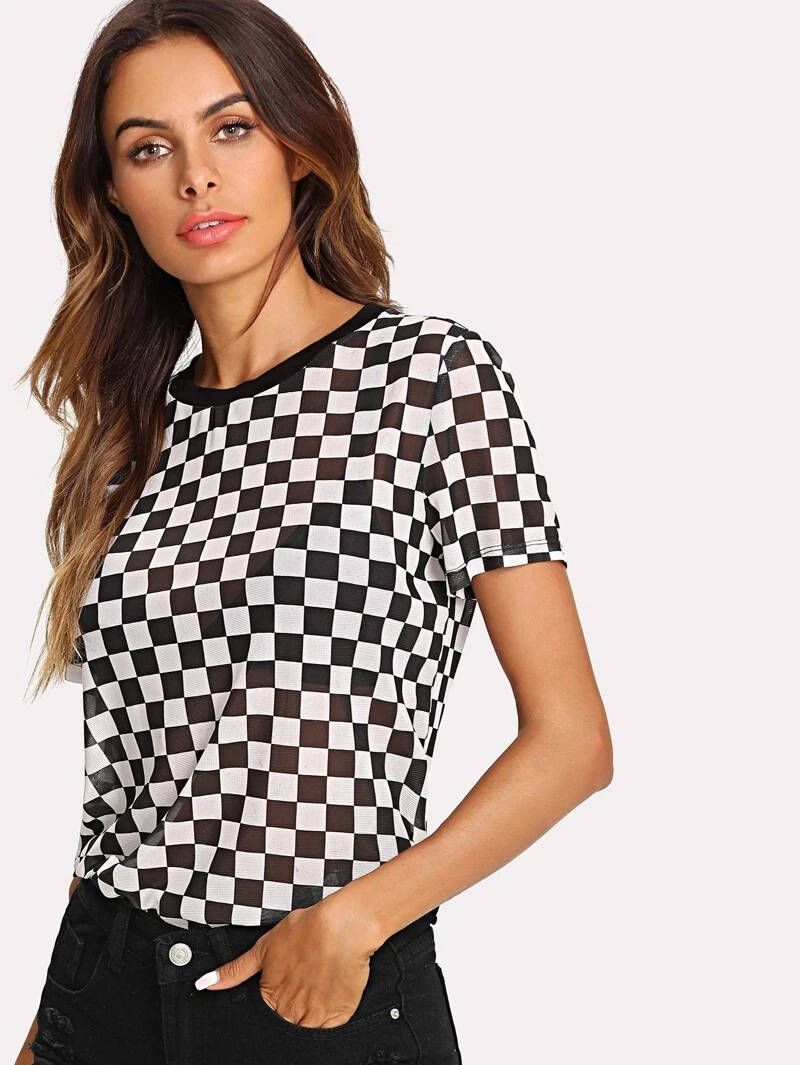 Print Semi Sleeve Sheer Short Sleeve Neck TeeRound Checkered U1dqxFfd