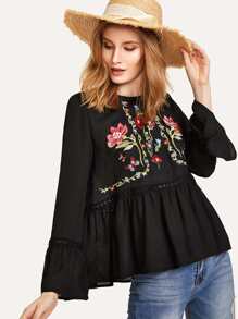 Trumpet Sleeve Flower Embroidered Smock Top