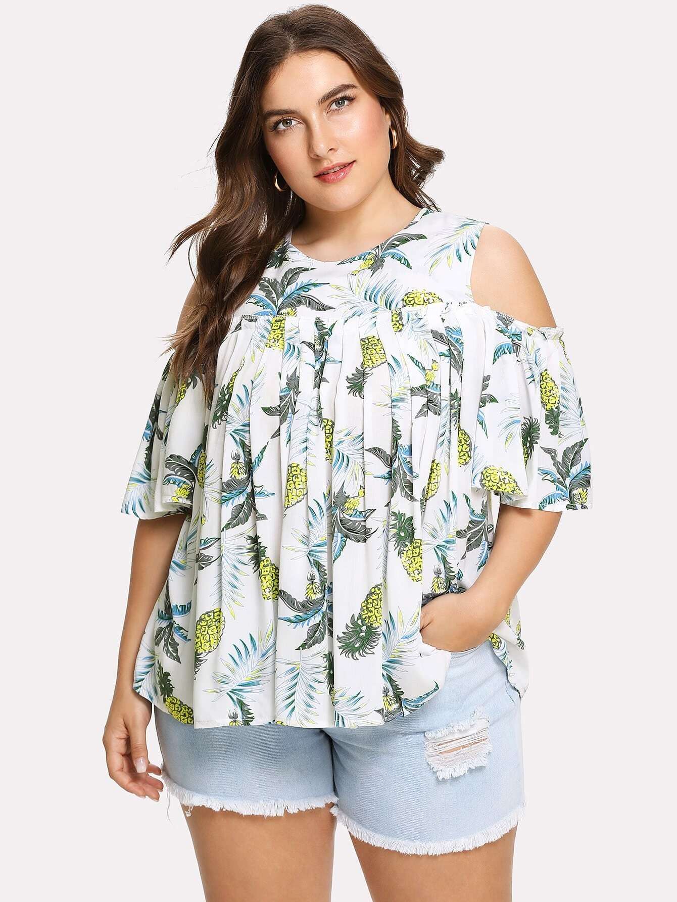 Plus Random Pineapple Print Open Shoulder Blouse