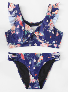 Floral Print Ruffle Trim Knot Back Bikini Set