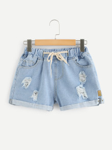 Drawstring Waist Ripped Denim Shorts