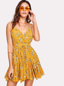 Drawstring Waist Knot Back Wrap Floral Cami Dress