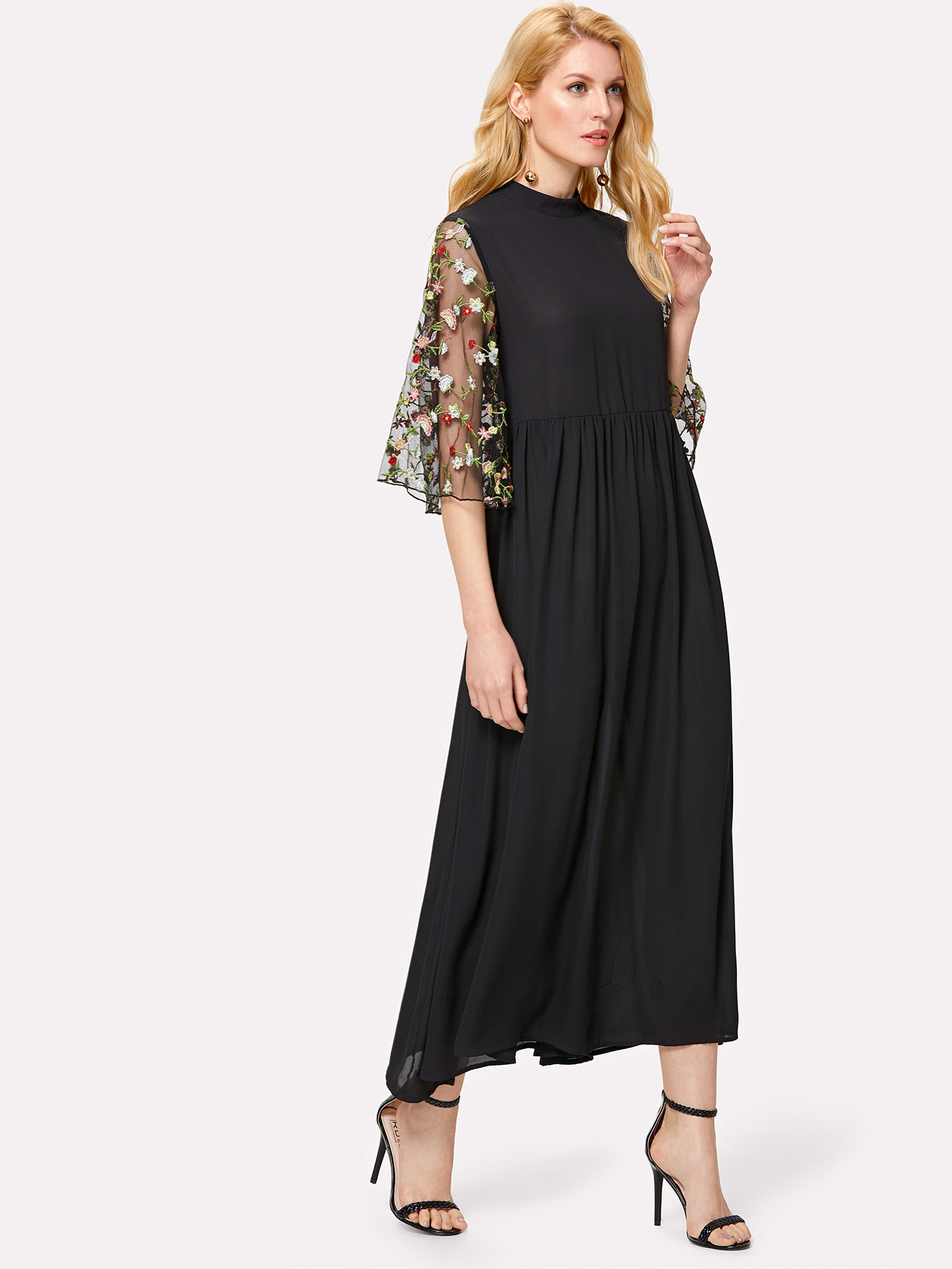 Embroidery Mesh Trumpet Sleeve Dress mesh panel sleeve dress