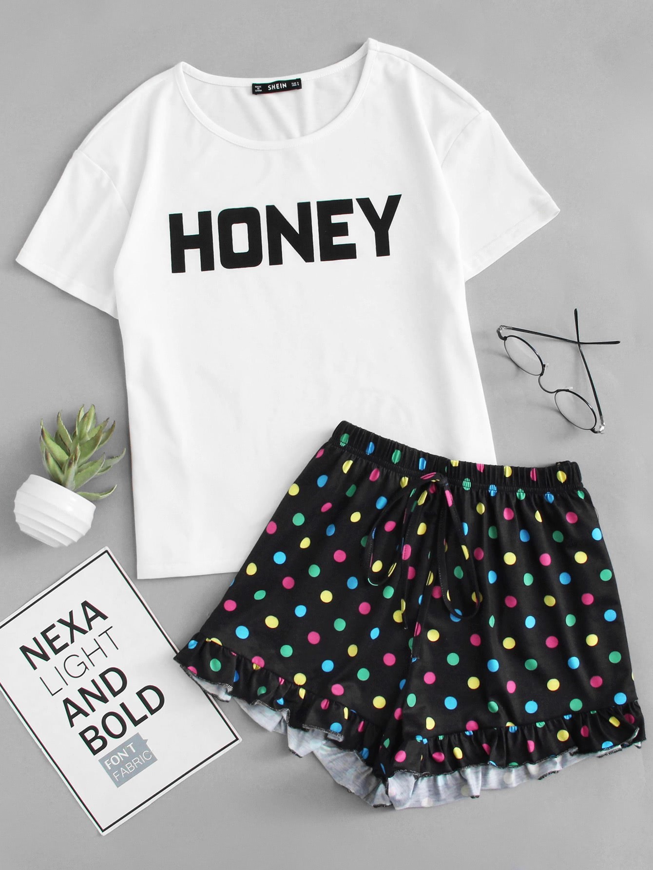 Letter Print Tee And Polka Dot Shorts PJ Set