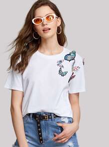 Embroidered Butterfly Embellished T-shirt