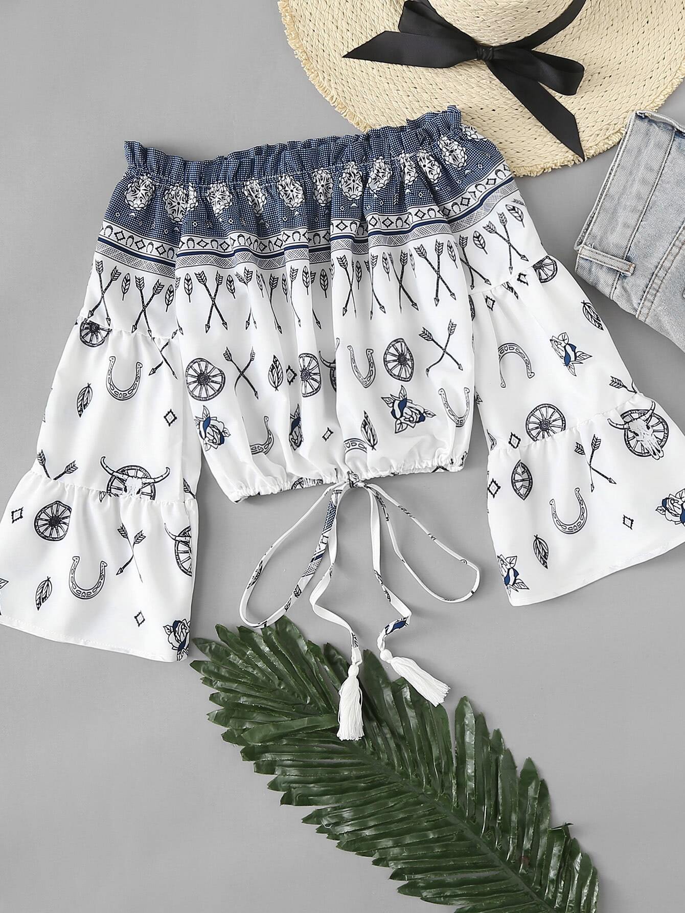 Off Shoulder Fluted Sleeve Drawstring Hem Top