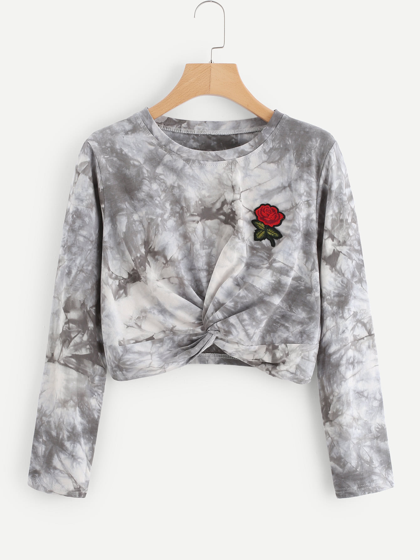 Rose Embroidered Patch Water Color Twist Tee