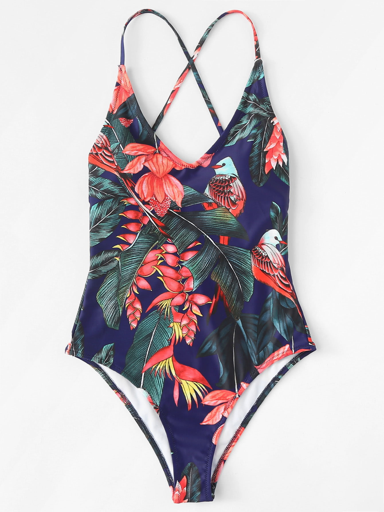 Crisscross Tropical Print Swimsuit