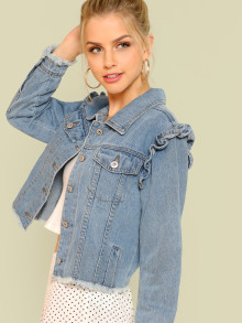 Raw Hem Denim Jacket with Frill Shoulder Trim