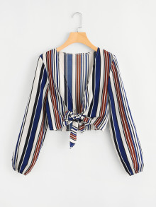 Deep V Neckline Knot Front Striped Top 