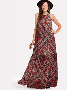 Patchwork Print Tiered Hem Halter Dress