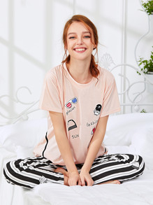 Cartoon Print Tee & Striped Pants PJ Set