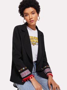 Embroidered Tape Detail Pom Pom Blazer