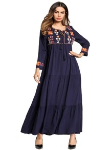 Tie Neck Floral Embroidered Longline Dress