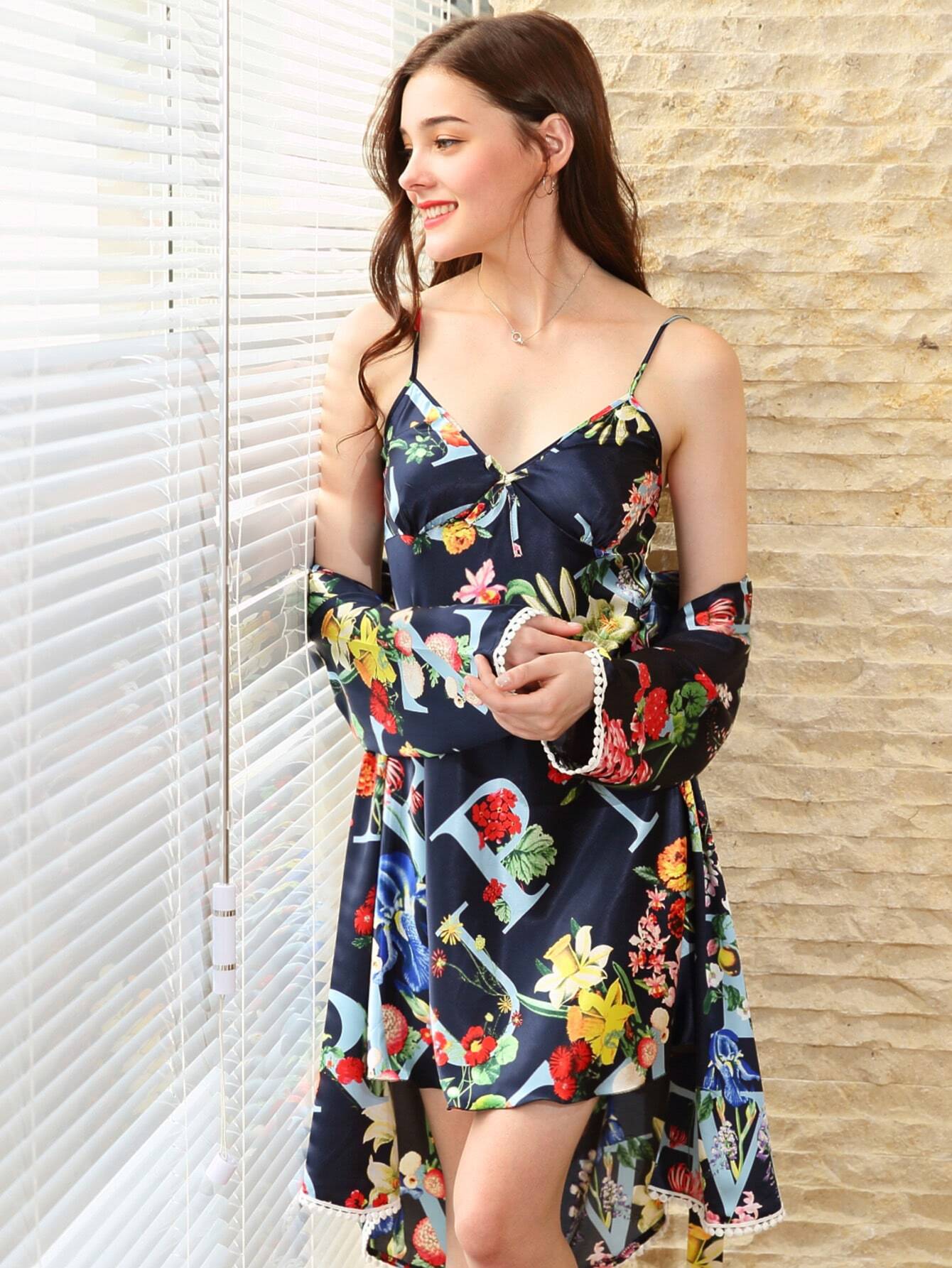 Платье с принтом цветы и халат