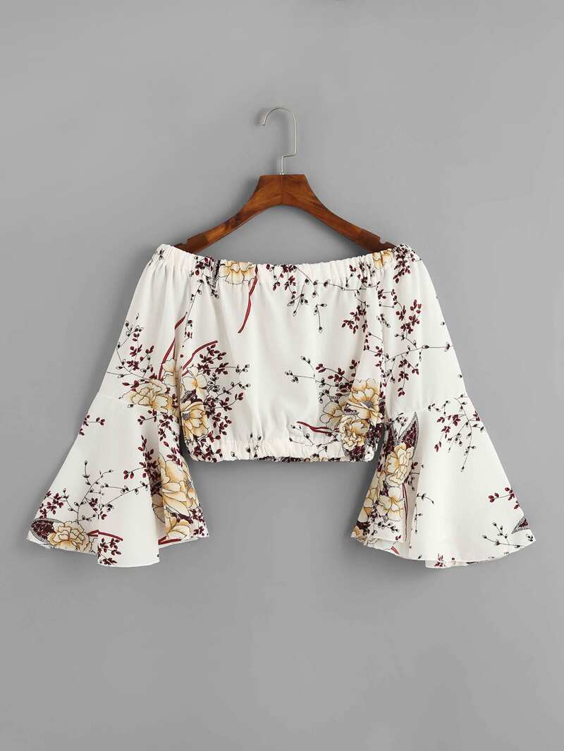 Off Shoulder Fluted Sleeve Floral Top, White