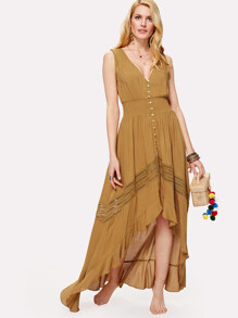 Shirred Waist Lace Panel Button Up Asymmetric Dress