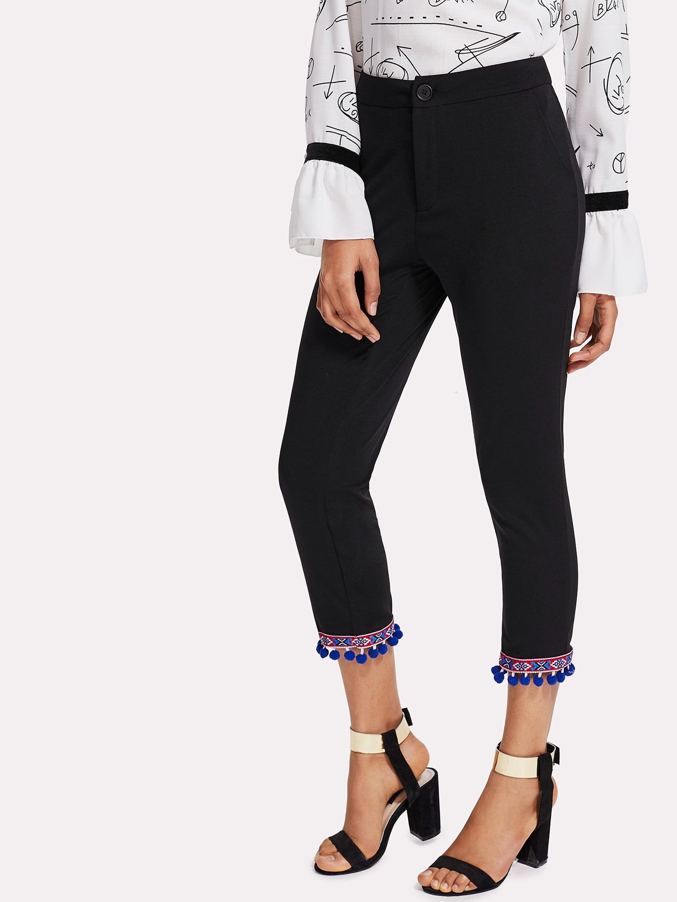 Embroidered Tape Detail Pom Pom Hem Pants elbow sleeve contrast mesh pom pom detail blouse