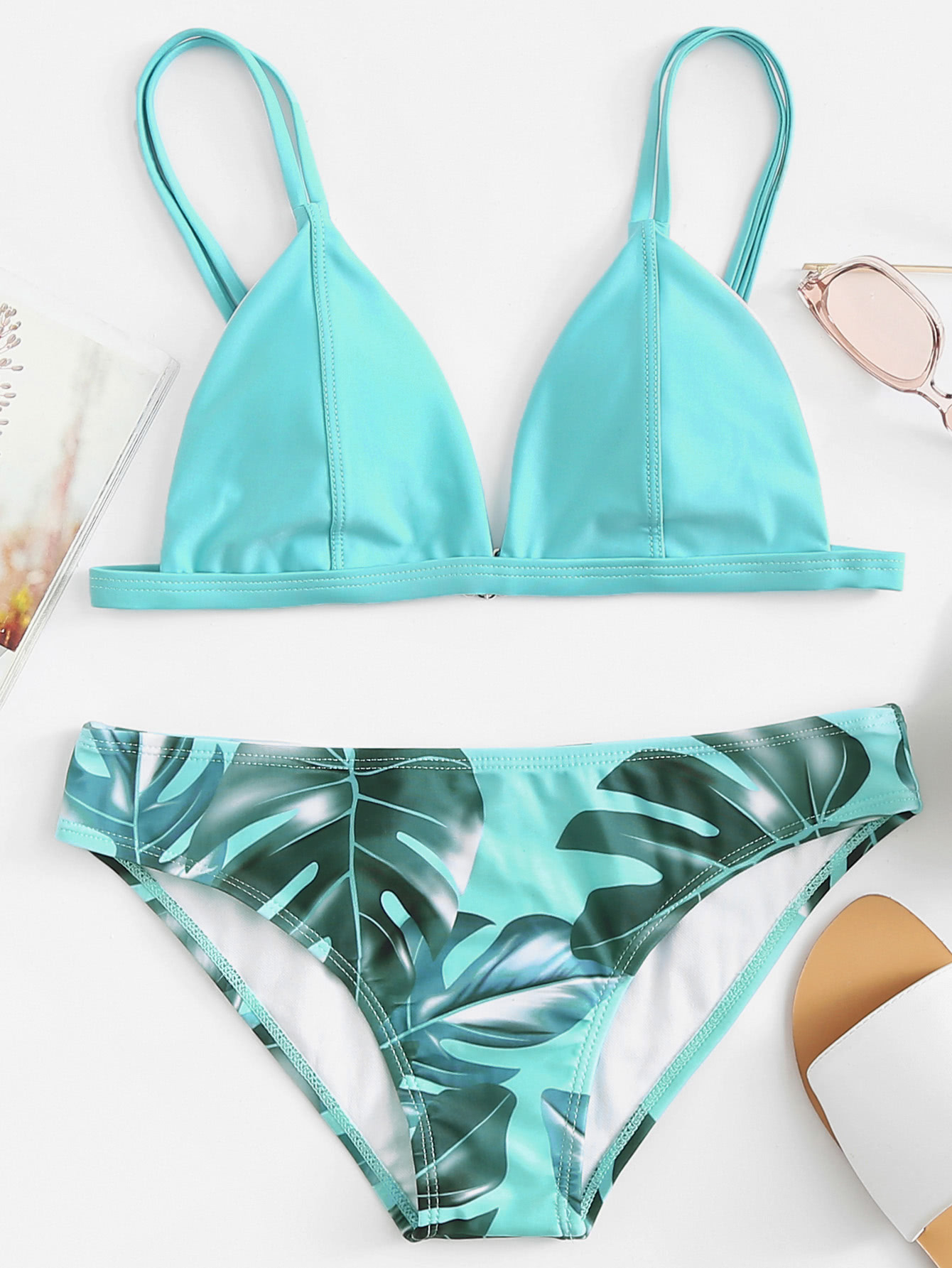 Palm Print Double Straps Bikini Set SheIn(Sheinside)