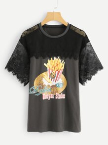 Lace Panel Graphic T-shirt