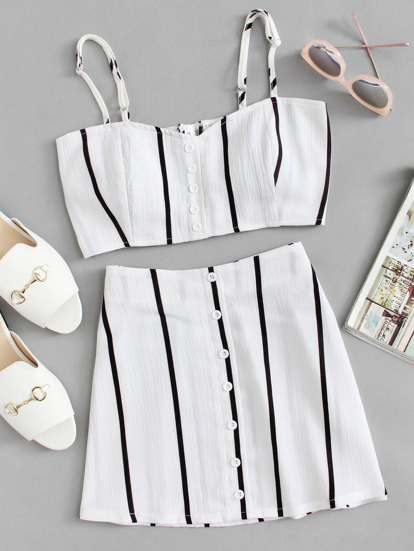 Strip Button Front Cami Top And Skirt Co-Ord