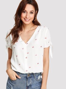 Cherry Print Tipping Detail Top