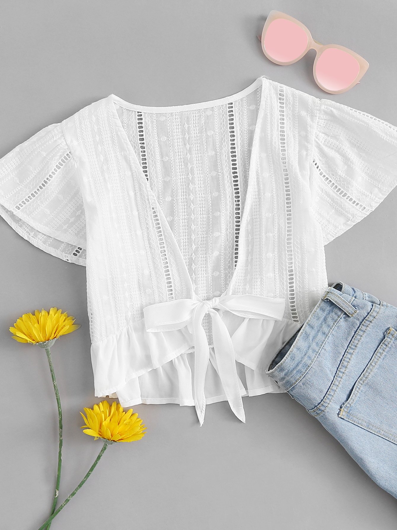 Plunging V-neckline Knot Frill Hem Dip Top