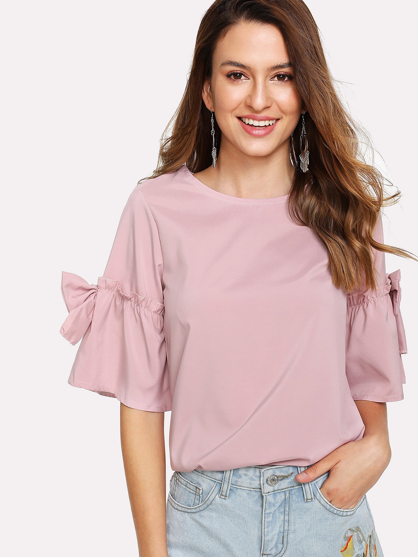 Bow Detail Flounce Sleeve Keyhole Back Blouse