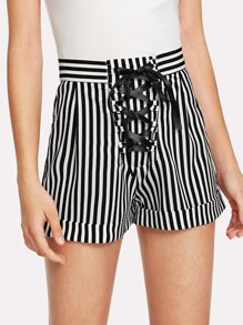 Contrast Stripe Ribbon Lace Up Shorts