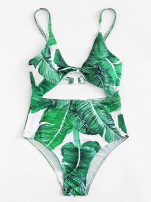 Knot Cutout Front Tropical Swimsuit