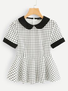 Contrast Cuff And Collar Grid Peplum Top