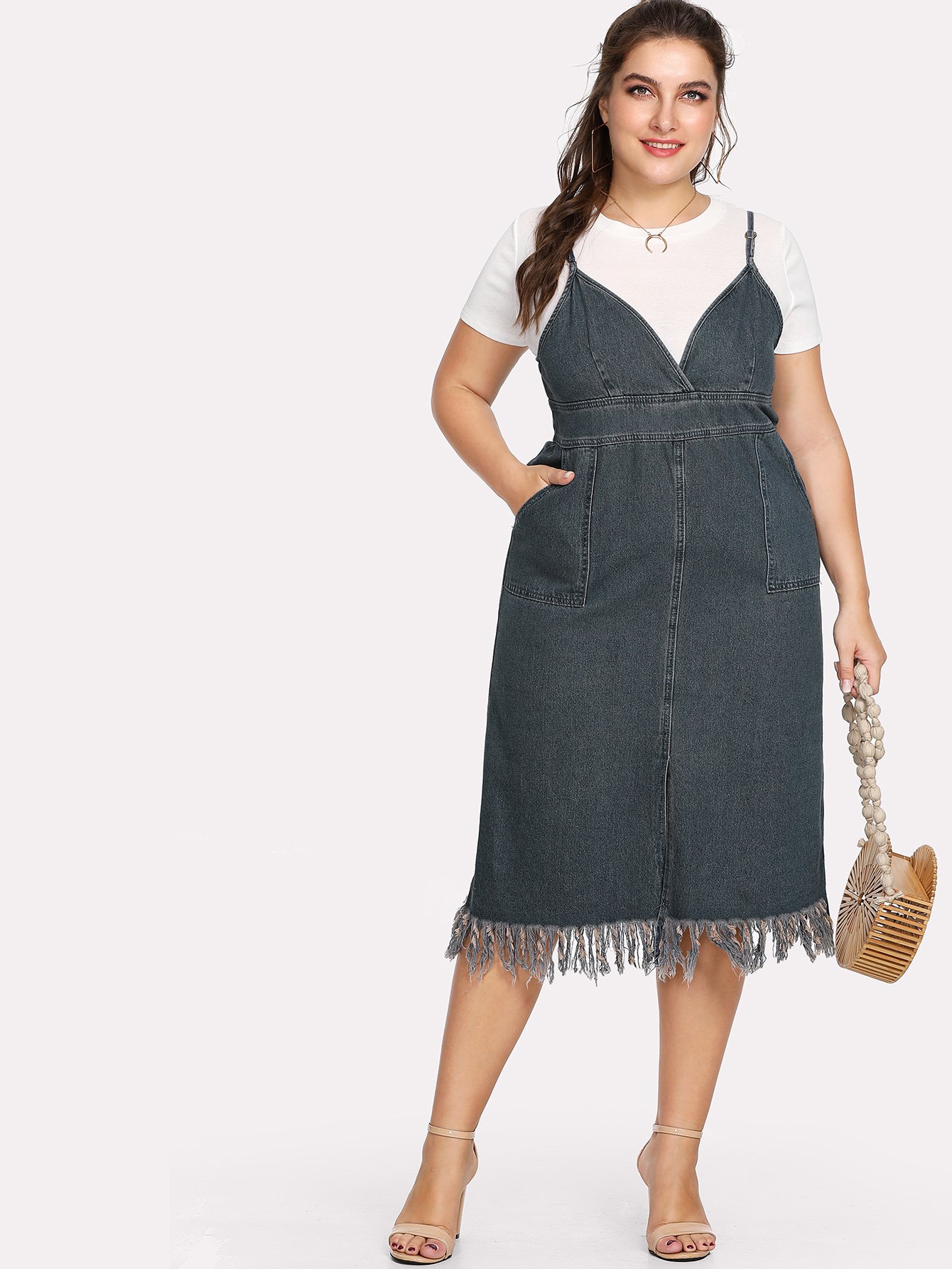 Plus Denim Dual Pocket Fringe Hem Cami Dress