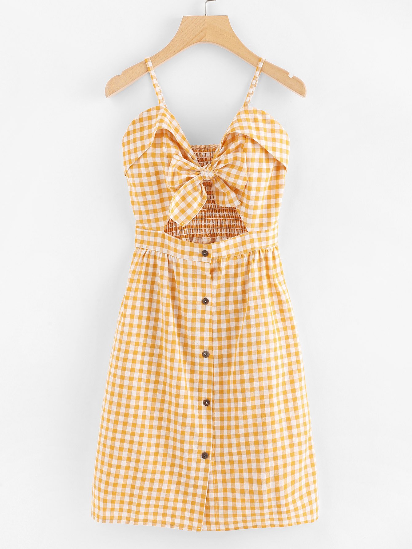 Cut Out Bow Front Foldover Plaid Cami Dress