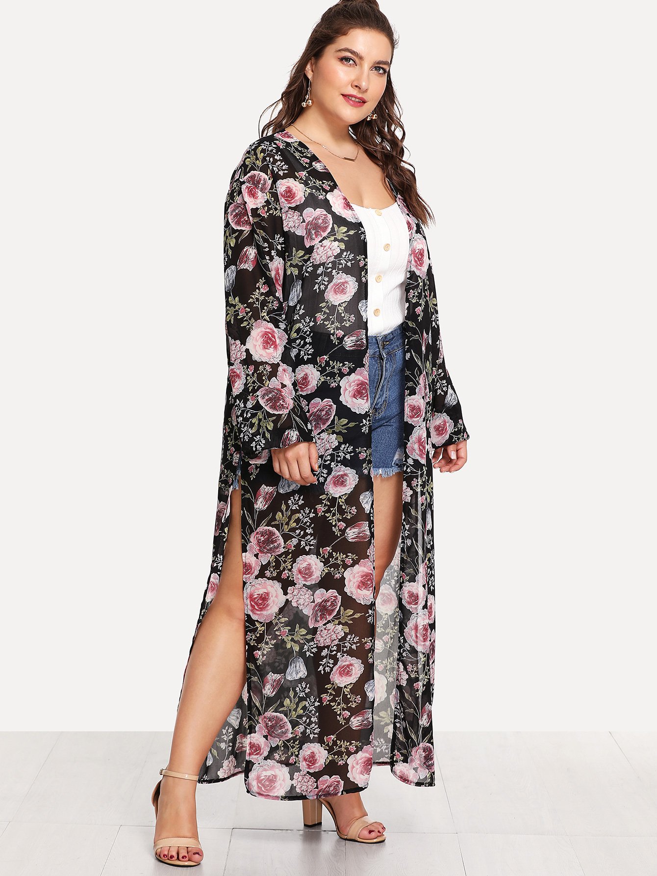 Plus Floral Print Split Side Open Front Cardigan