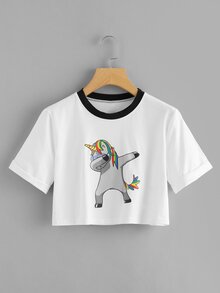 Unicorn Print Cuffed Crop Tee