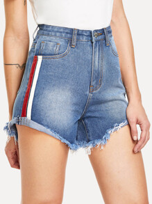 Striped Side Raw Hem Denim Shorts