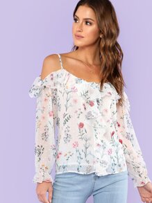 Ruffle Trim Cold Shoulder Floral Top