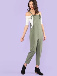 Pocket Patched Jumpsuit With Bow Tied Strap