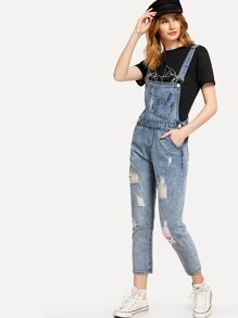 Pocket Front Ripped Denim Overalls