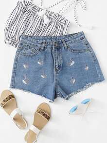 Swan Embroidered Raw Hem Denim Shorts