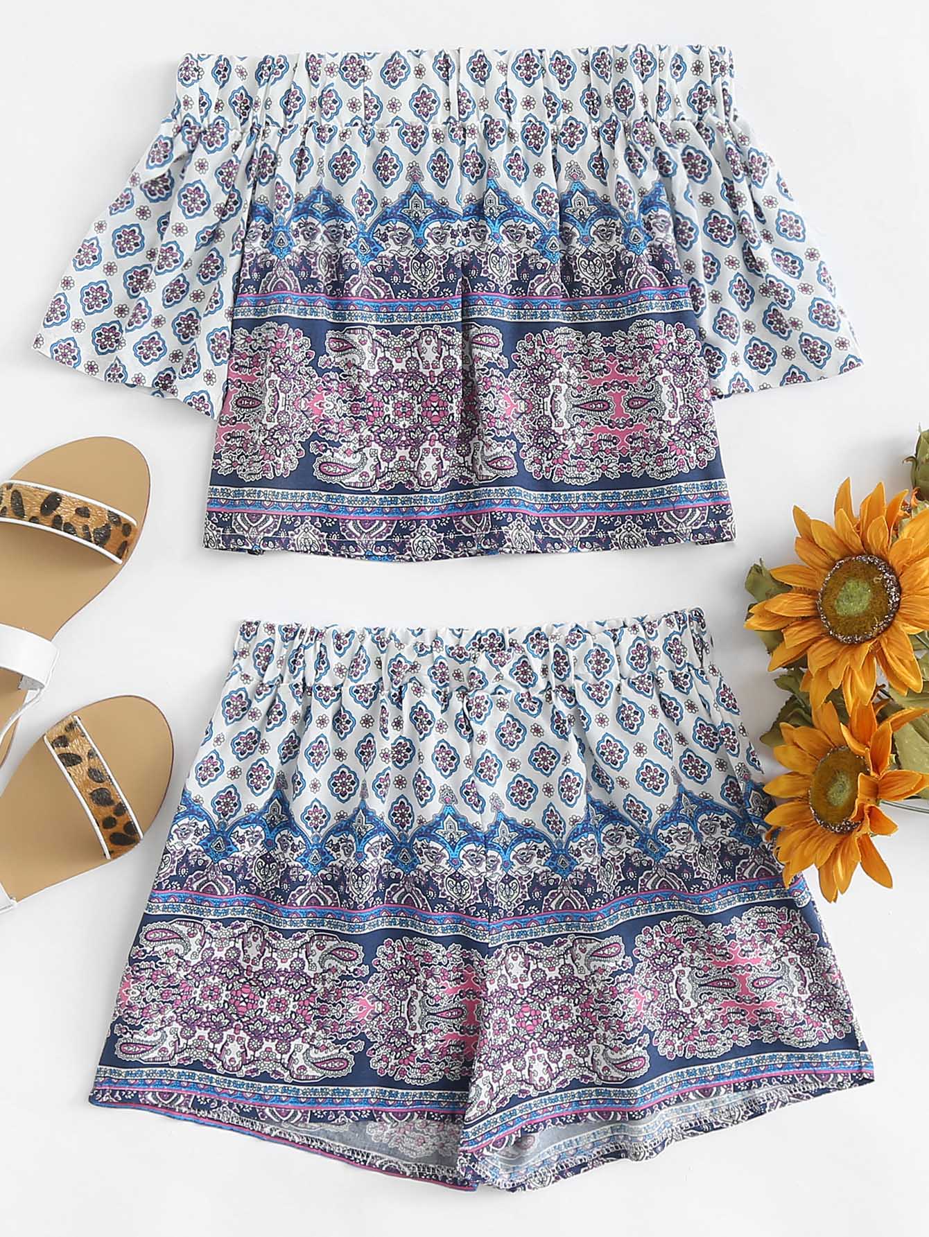 Ornate Print Off the Shoulder Top With Short