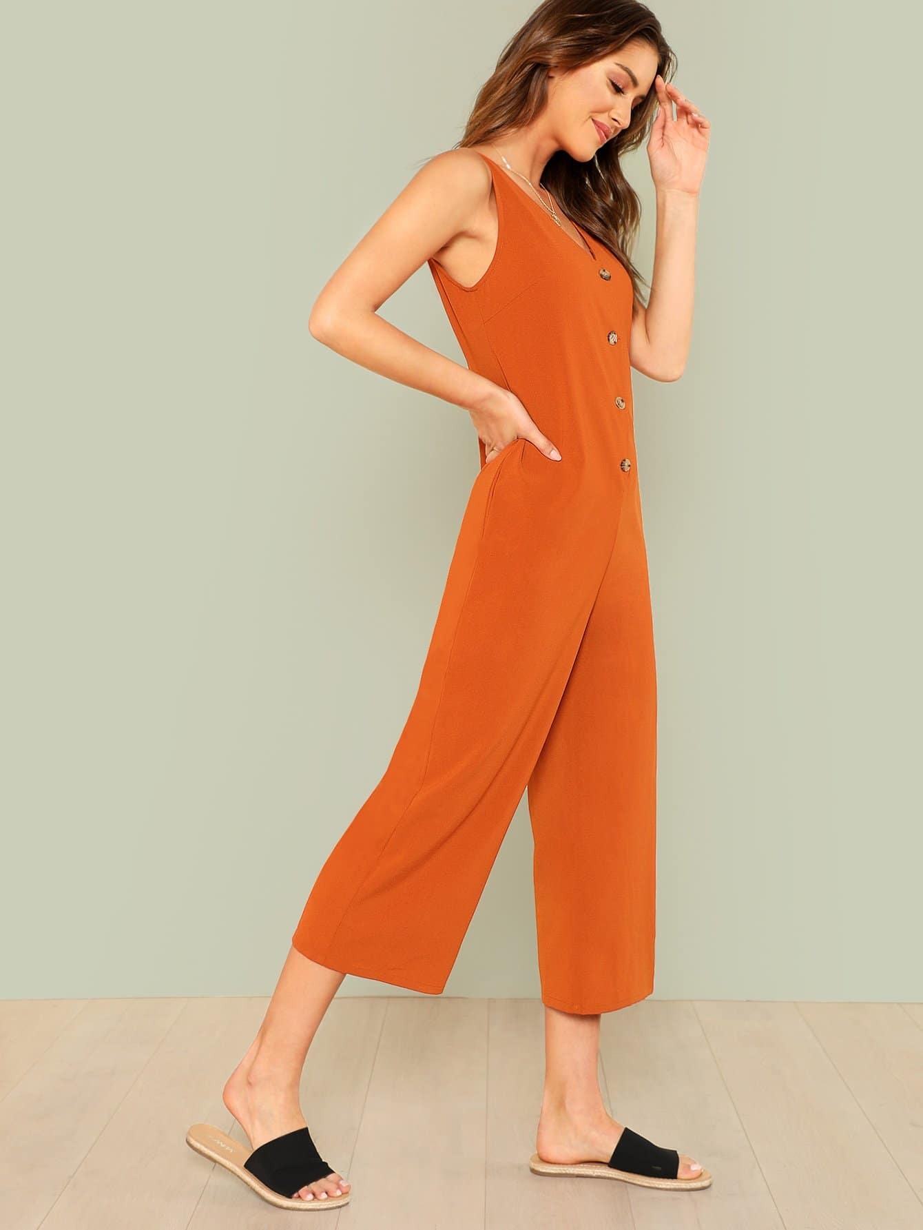 Button Front Pocket Side Jumpsuit SheIn(Sheinside)