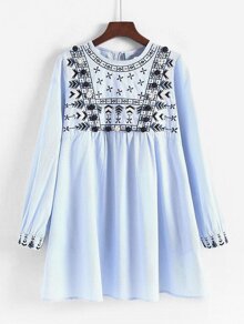 Embroidered Pom Pom Detail Striped Babydoll Dress