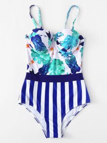 Palm Print Striped Swimsuit