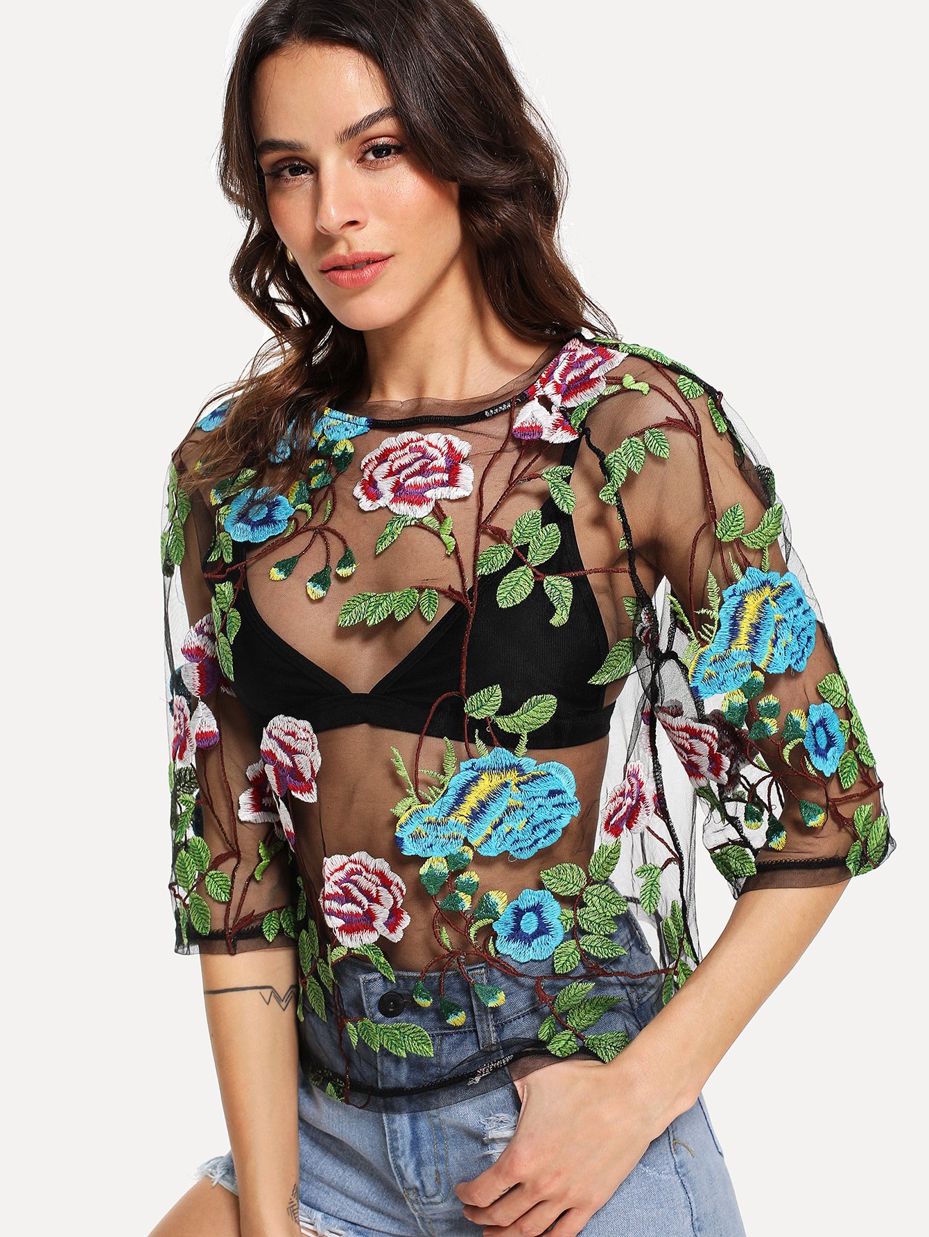 Прозрачный топ с вышивкой цветы