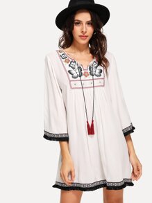Tassel Tie Embroidered Yoke Fringe Tape Trim Dress