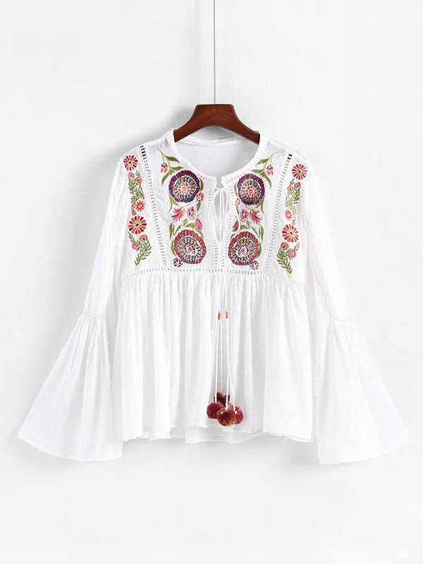 Pom Pom Detail Embroidery Babydoll Blouse elbow sleeve contrast mesh pom pom detail blouse