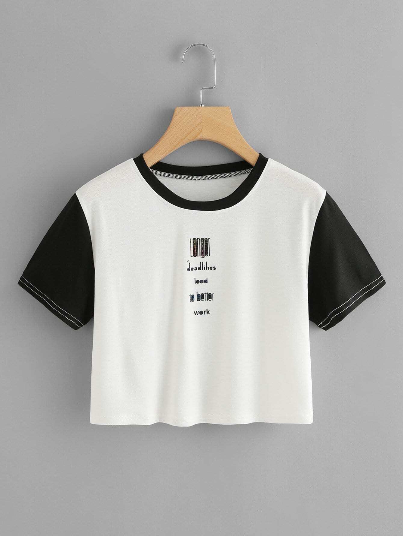 Slogan Print Contrast Sleeve Tee